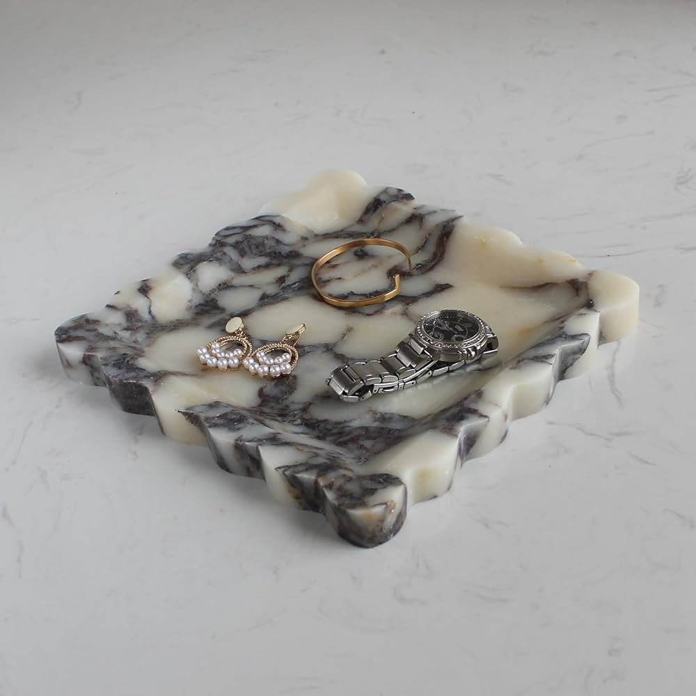 Natural Calacatta Viola Marble Tray with Scalloped Edge, Luxury Handmade Square Decorative Tray, ... | Amazon (US)