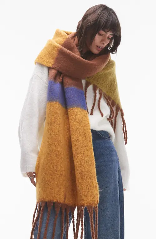 Topshop Sydney Blanket Stripe Fringe Scarf in Brown Multi at Nordstrom | Nordstrom