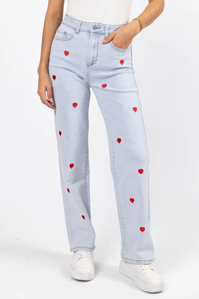 Merritt Light Wash Heart Embroidered Straight Leg Jeans | Pink Lily