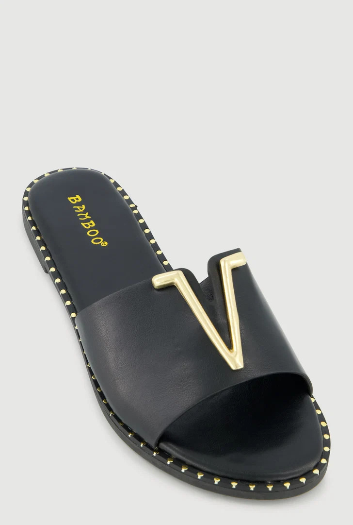 Metallic V Pendant Notched Band Slide Sandals | Rainbow Shops