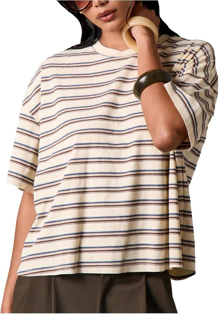 OYOANGLE Women's Oversized Striped T Shirts Ribbed Knit Y2k Summer Tops | Amazon (US)