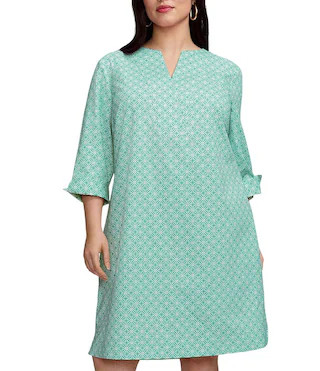 Foxcroft Plus Size Vena Cotton Geo Lattice V-Neck 3/4 Sleeve Shift Dress | Dillard's | Dillard's