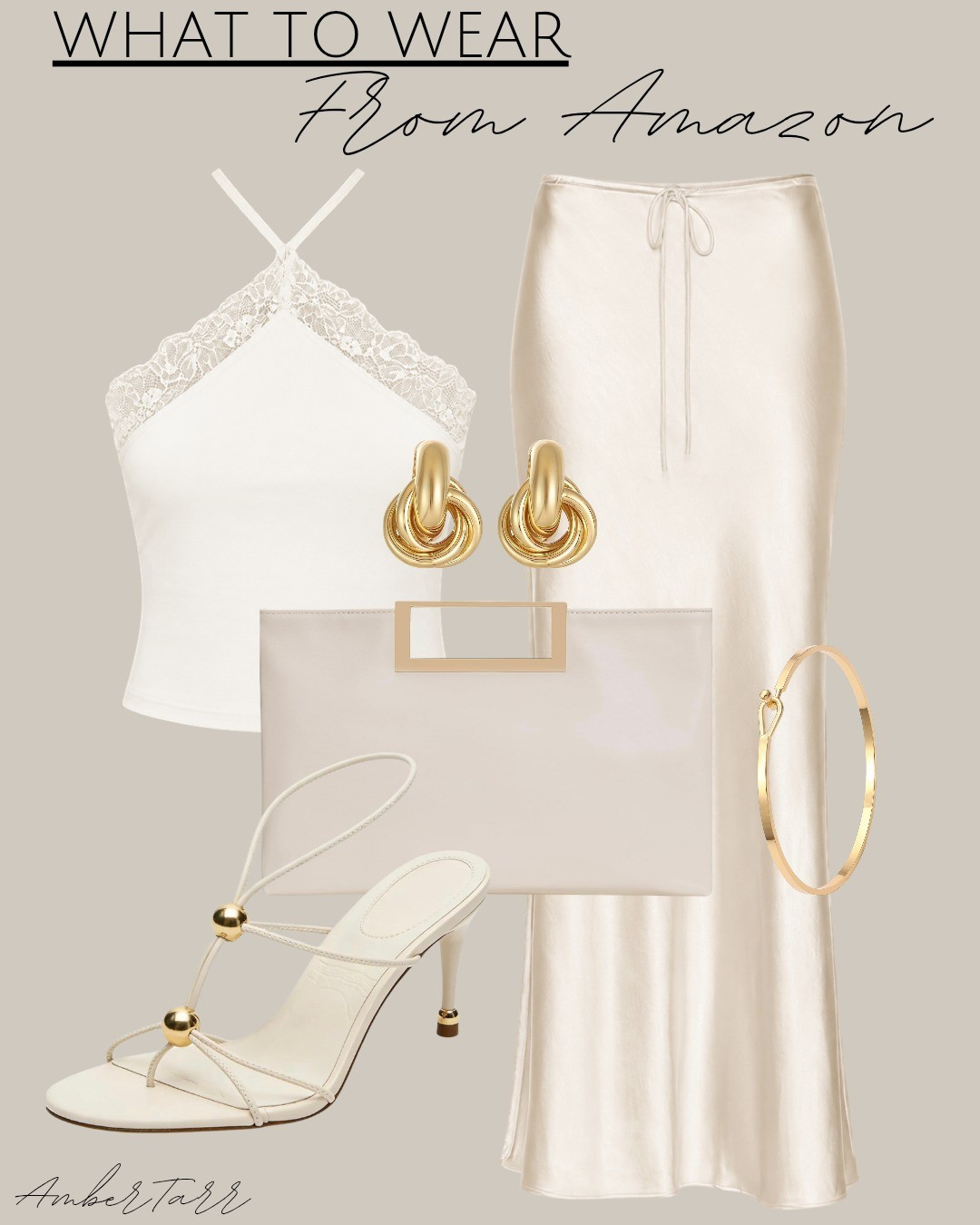 This white lace trim halter top paired with a satin maxi skirt, a cream acrylic gold hardware clutch, strappy white heeled sandals with gold ball detail, gold knot earrings, and a delicate gold bangle bracelet is a soft and elegant date night outfit from Amazon that feels romantic and refined without any effort. Perfect for a special dinner date, an anniversary night out, or any occasion where you want to look effortlessly beautiful.

#LTKdayinmylife #LTKootd #LTKOver40
