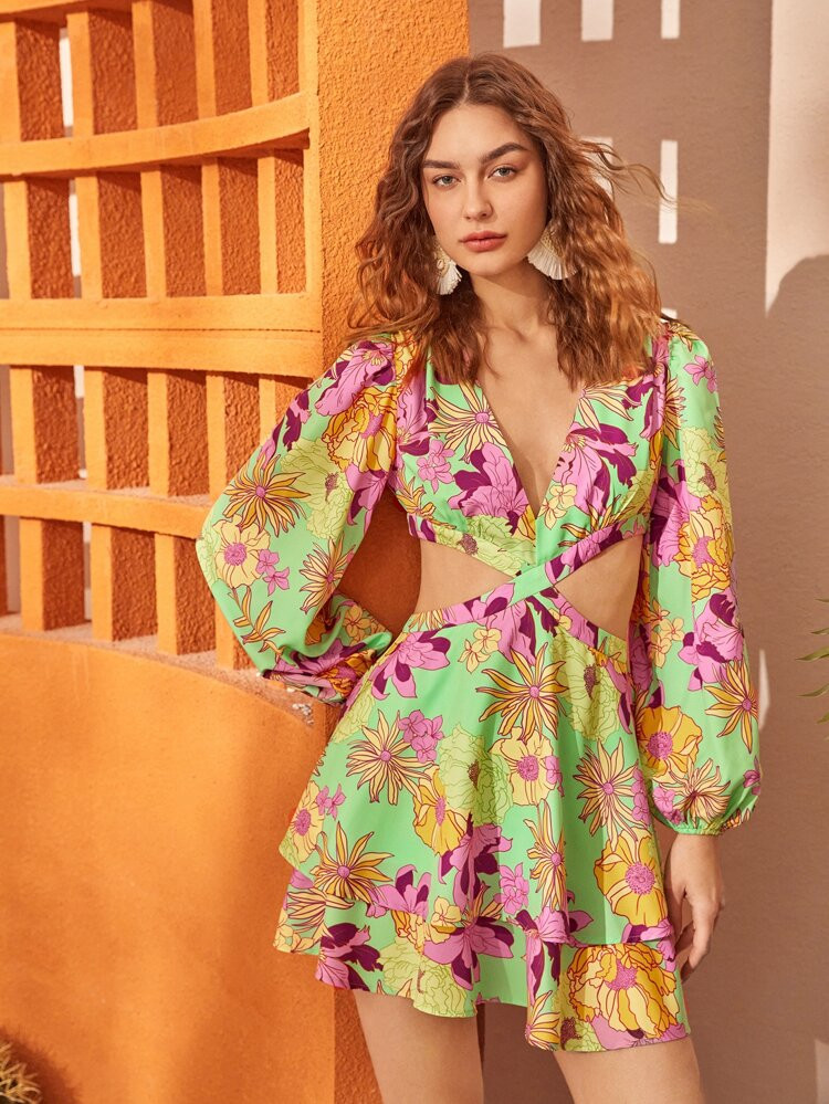SHEIN Floral Bishop Sleeve Cut Out Dress | SHEIN