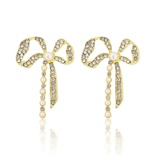 PLwelth Gold Bow Earrings for Women Rhinestone Bow Drop Earrings Faux Pearl Bow Dangle Earrings for Prom Wedding Party Statement Earrings Jewelry Gifts for Her Birthday Christmas Stocking Stuffers | Amazon (US)