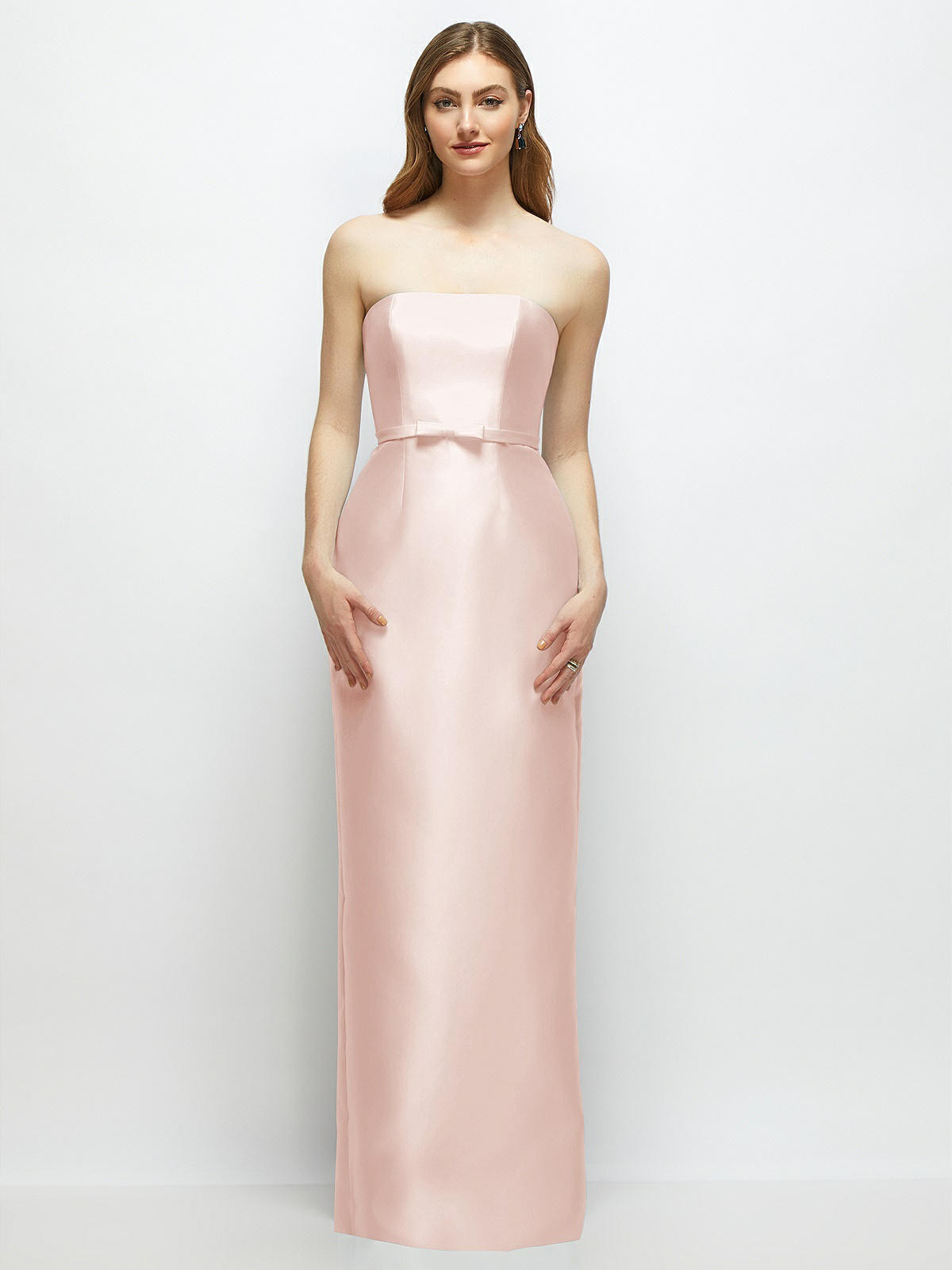 Strapless Satin Column Dress with Bow-Trimmed Skinny Belt in Blush | Dessy Group