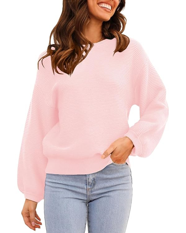 ARTFREE Suéter de punto acanalado con cuello redondo para mujer, manga farol, casual, holgado, e... | Amazon (US)