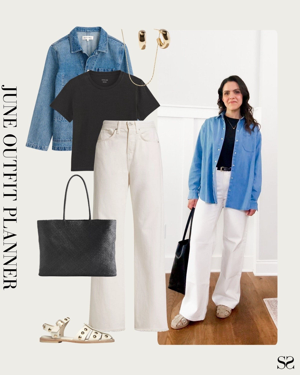 Monthly outfit planner JUNE: what I planned vs how it’s worn: Spring & Summer looks, revisit + rework outfit inspo | straight white jean, chore jacket, denim Shacket, black tee, woven tote, fisherman sandals 

#springoutfit #casualchic #summeroutfit 

#LTKStyleTip