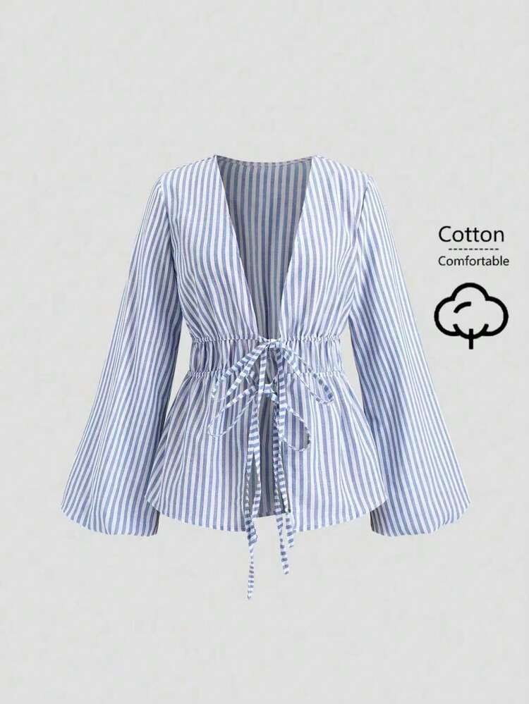 Sweetra Blusa Informal De Manga De Campana Con Cinturón Ajustable A Rayas Para El Trabajo, Otoño | SHEIN