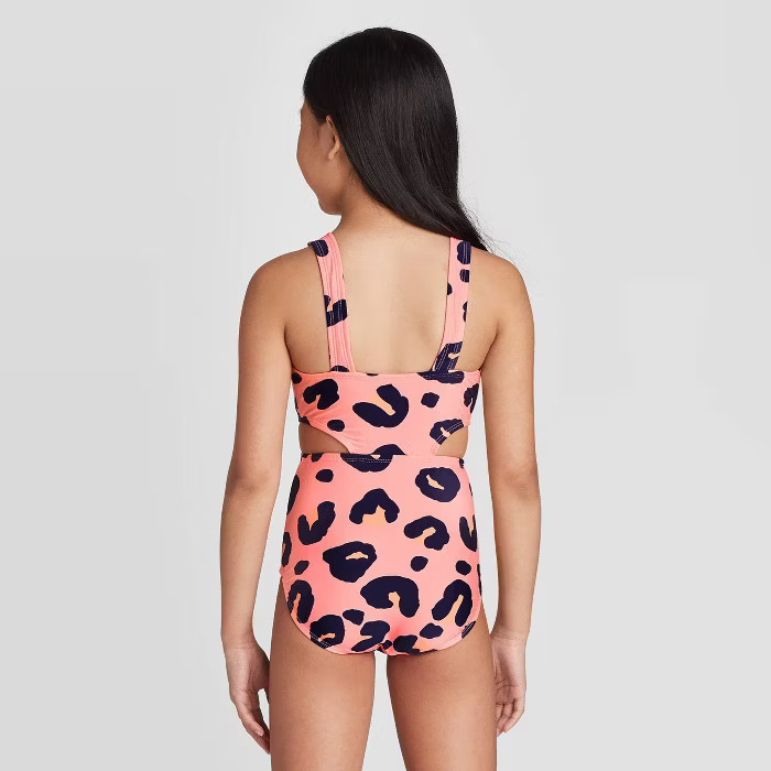 Girls' Tie-Front Animal Print One Piece Swimsuit - art class™ Pink M Plus | Target