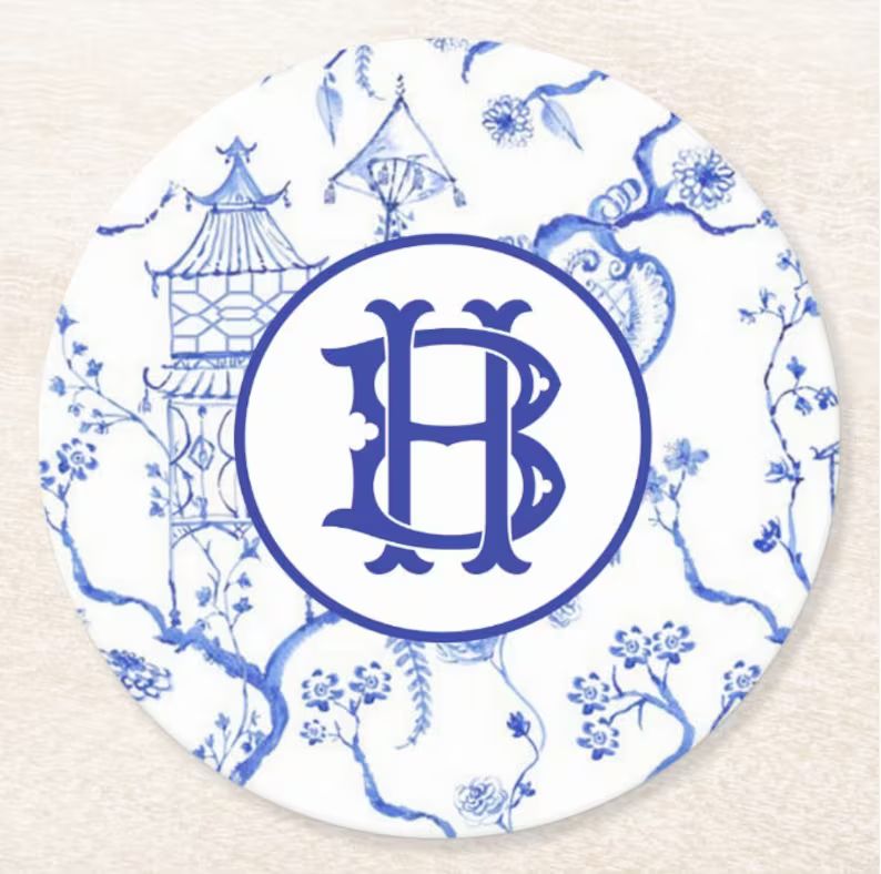 Monogram Chinoiserie Paper Coaster Blue and White Monogram | Etsy | Etsy (US)