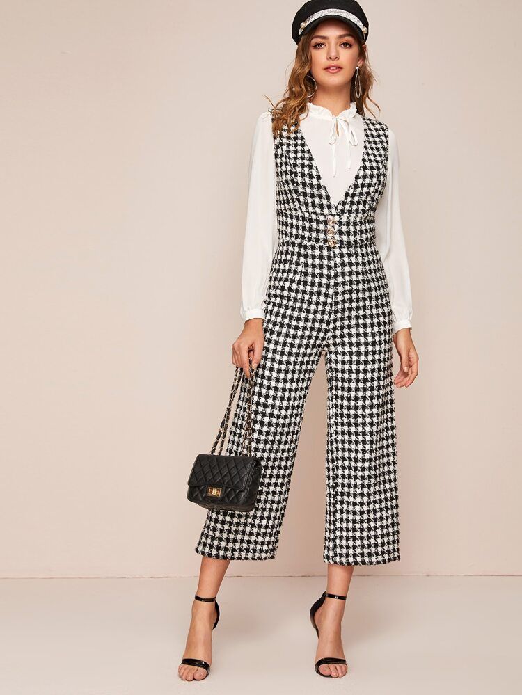 Plunging Neck Houndstooth Tweed Palazzo Jumpsuit | SHEIN