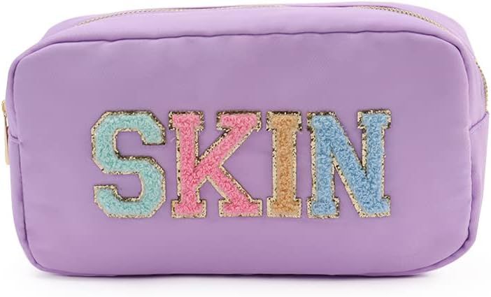 Kaymey Cosmetic Bag Makeup Pouch Bag Case Nylon with Chenille Letter Patches (Purple#SKIN, L) | Amazon (US)