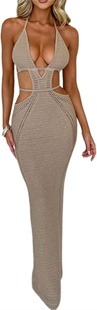 Women Sexy Crochet Maxi Dress Cut Out Halter V Neck Backless Knit Bodycon Long Dress Summer Beach... | Amazon (US)