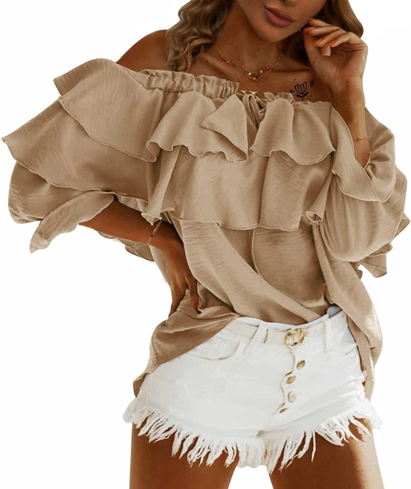 Byinns Women's Off Shoulder Ruffle Long Sleeve Blouses Casual Layered Tops | Amazon (US)
