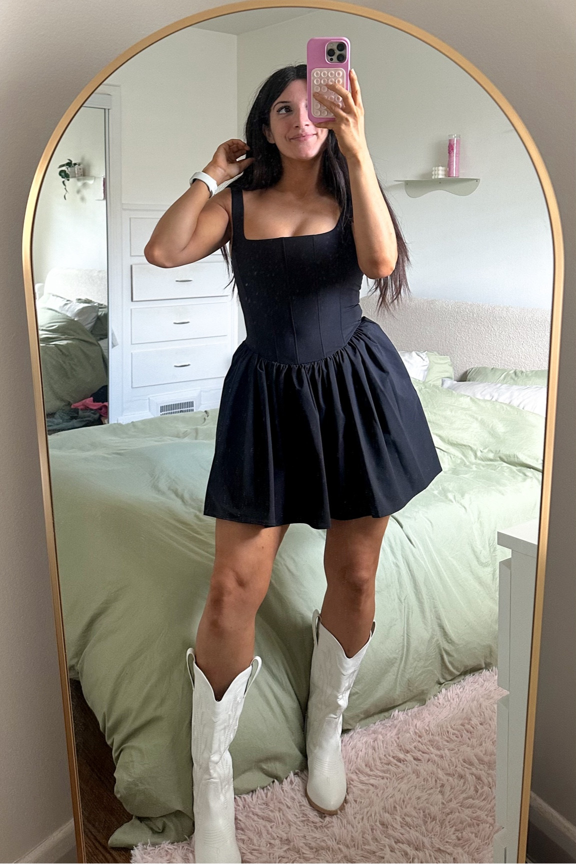 “ruched corset dress” from zara size medium!! (Zara wont let me link it sorry😭 but put that in website search bar & it’ll come up) size up if inbetween tho it’s v tight! and boots are linked :) 

corset dress, cowboy boots#LTKsapatos

#LTKstyletip #LTKpartywear