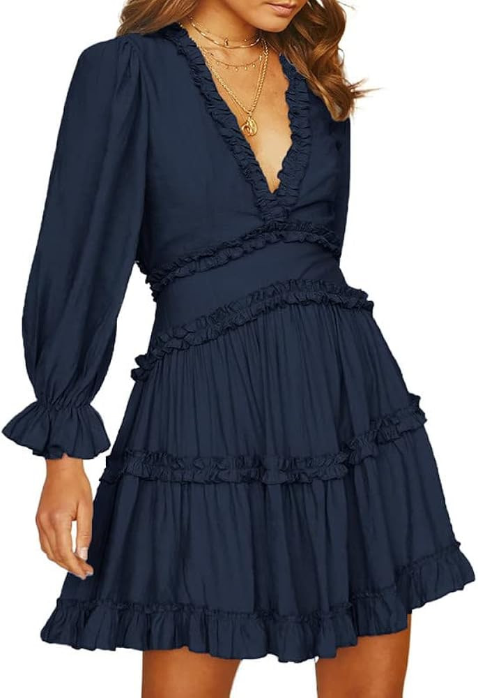 Dokotoo Womens 2023 Spring Summer Deep V Neck Ruffle Long Sleeve Floral Print Mini Dress | Amazon (US)