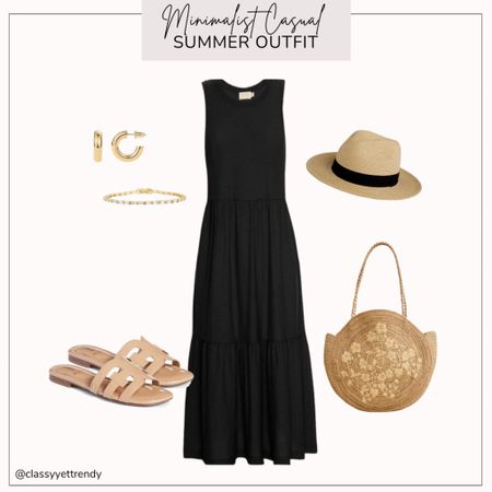 Minimalist casual summer outfit

Black sleeveless tiered dress
Slide sandals
Raffia Straw tote
Raffia Straw hat