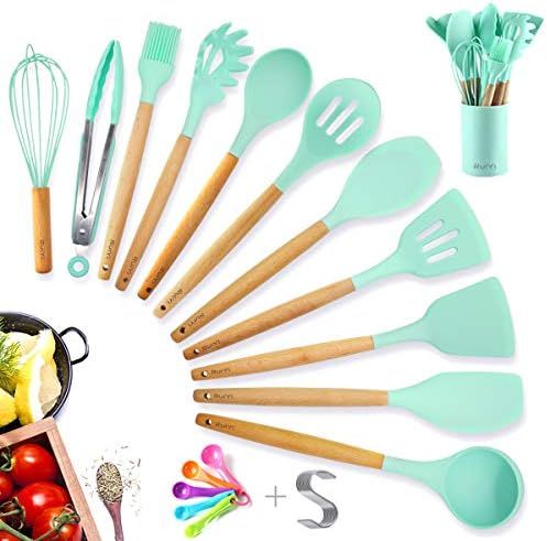 Kitchen Cooking Silicone Utensil Set with Holder, 14pcs Pioneer Wooden Spatula Measuring Spoon Se... | Amazon (US)