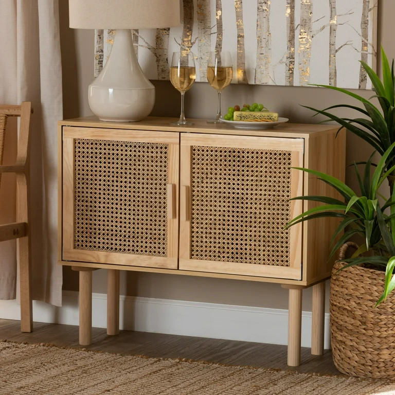 Baxton Studio Maclean Mid-Century Modern Rattan and Natural Brown Finished Wood 2-Door Sideboard ... | Walmart (US)