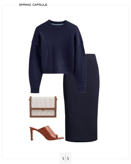 Spring capsule outfit idea | crewneck sweater, knit skirt, toe ring sandal, crossbody bag. See entire 2023 Spring capsule + more style ideas on thesarahstories.com ✨ 

#LTKFind #LTKstyletip