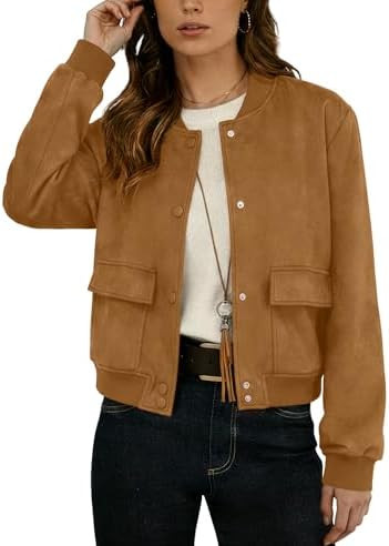 GRECERELLE Womens Faux Suede Leather Bomber Jacket Cropped Button Down Long Sleeve Casual Varsity... | Amazon (US)