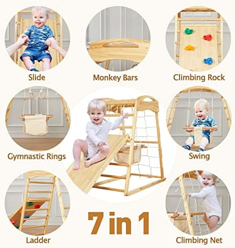 Amazon.com : FUNLIO 7-in-1 Wood Indoor Playground for Toddlers 2-5, Montessori Climbing Toys with... | Amazon (US)