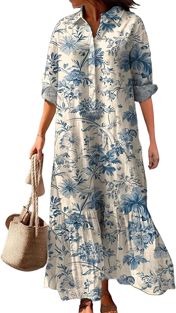 Womens Floral Print Collared Long Sleeve Dress Button Up Ruffled Hem Maxi Shirt Dresses | Amazon (US)