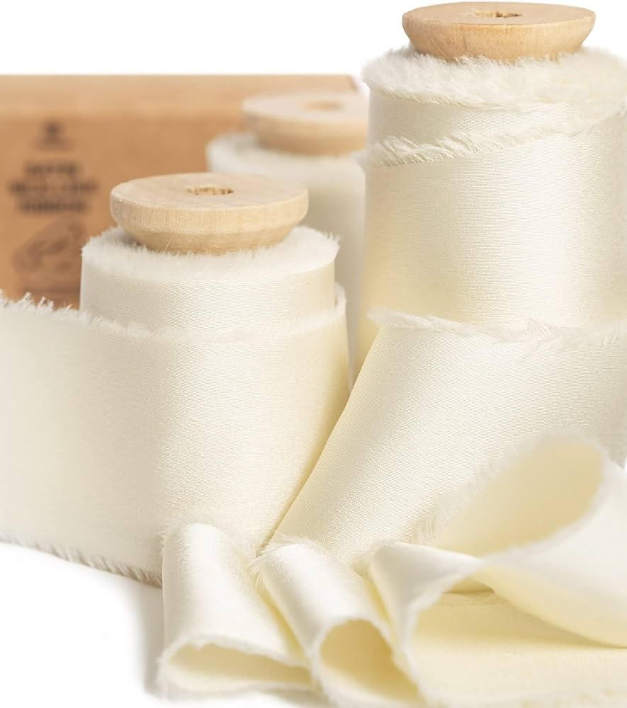 Vitalizart White Silk Satin Ribbon 1-1/2 inch x 15 Ivory Handmade Frayed Ribbons for Gift Wrappin... | Amazon (US)