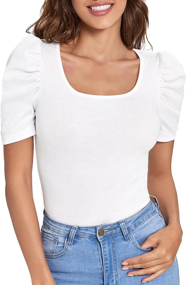 Verdusa Women's Casual Puff Sleeve Scoop Neck Slim Fit Ribbed Tee Shirt Top | Amazon (US)