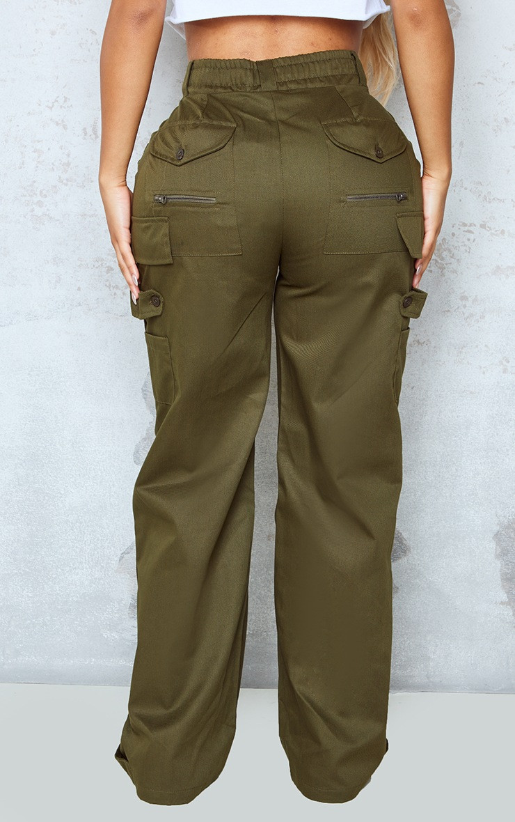 Shape Khaki Cargo Pocket Zip Detail Wide Leg Pants | PrettyLittleThing US