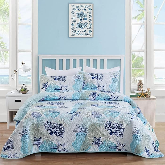 Dinjoy Coastal Quilt Set King Size, Blue Ocean Beach Themed Bedding Set Coral Seashell Conch Star... | Amazon (CA)