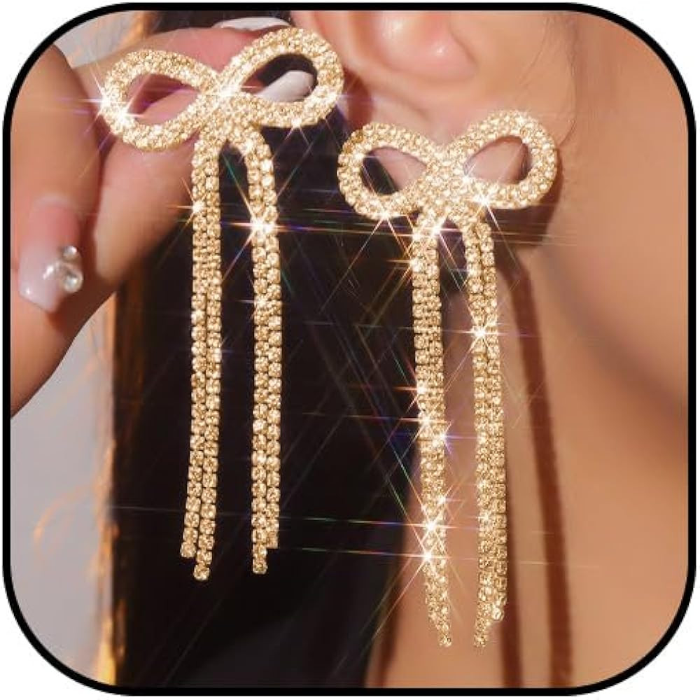 Silver Bow Earrings for Women Dangling Sparkly Rhinestone Long Tassel Chandelier Earrings Wedding... | Amazon (US)
