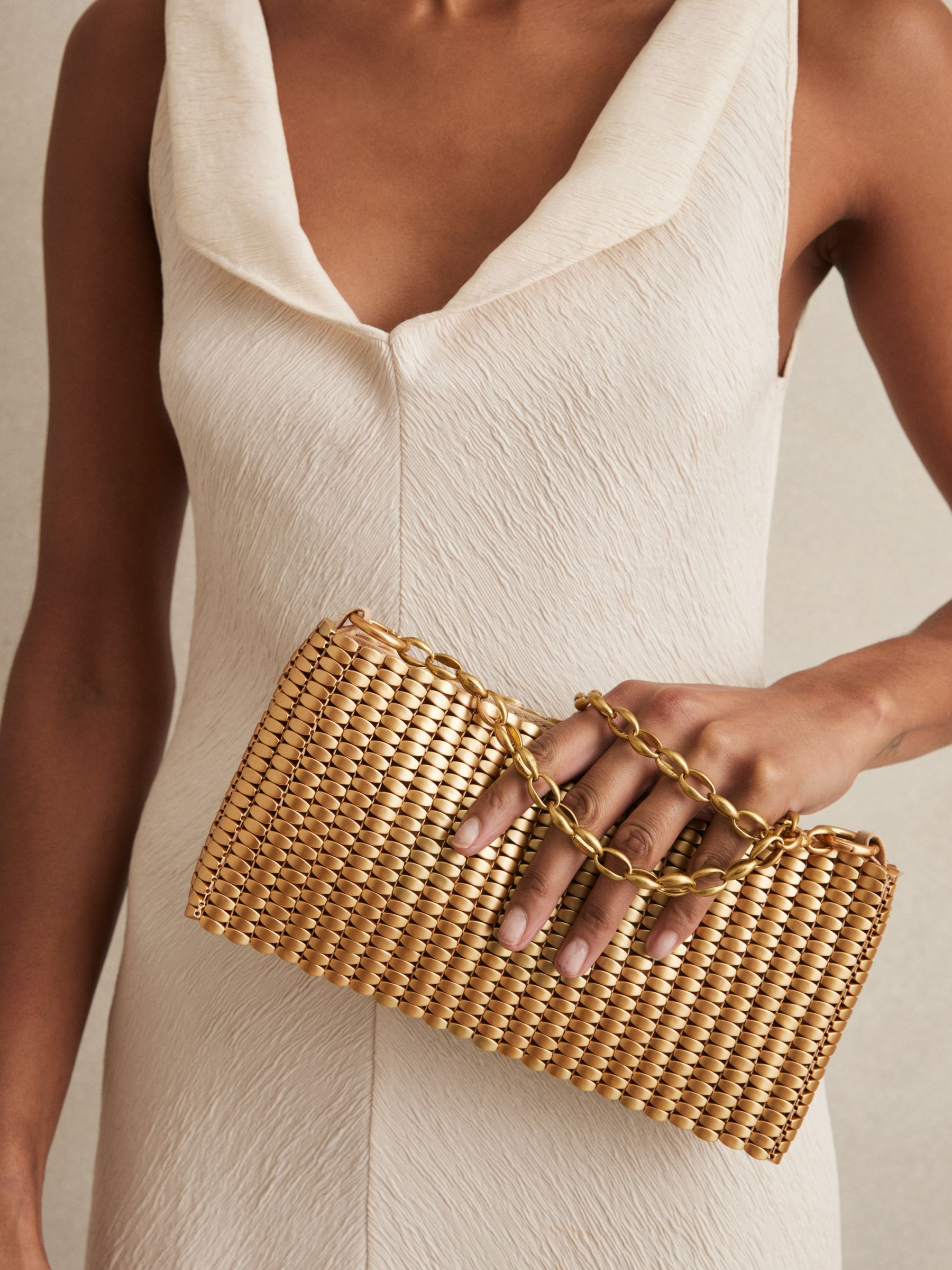 Reiss Beaded Removable Strap Shoulder Bag in Gold - REISS | Reiss UK