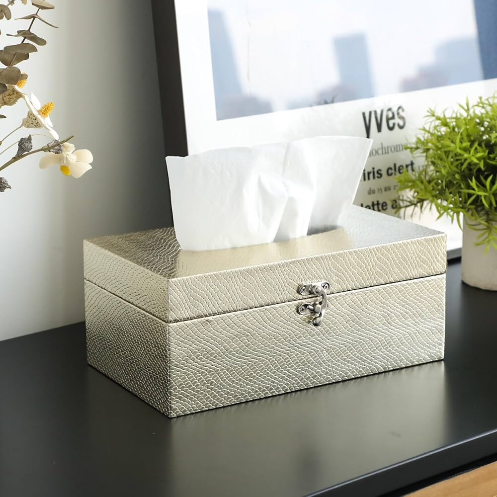 MODE HOME Gold Tissue Box Cover Rectangle, Elegant Faux Leather Tissue Box Holder with Non-Woven ... | Amazon (US)
