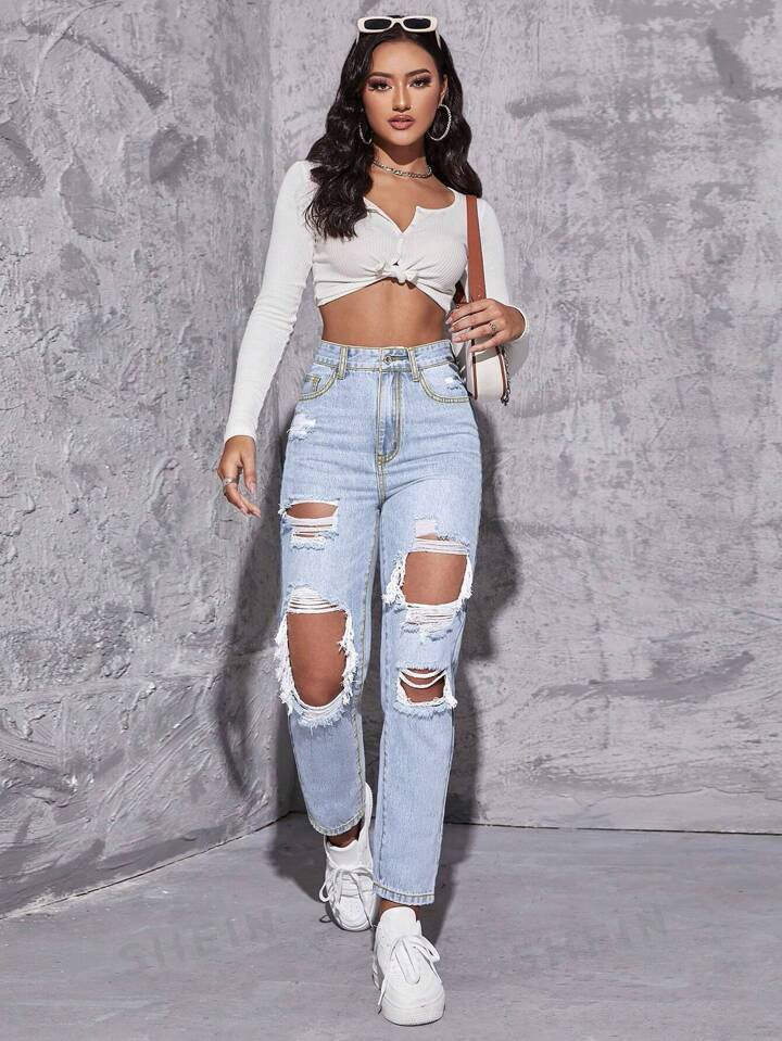 SHEIN EZwear High Waist Ripped Mom Fit Jeans | SHEIN