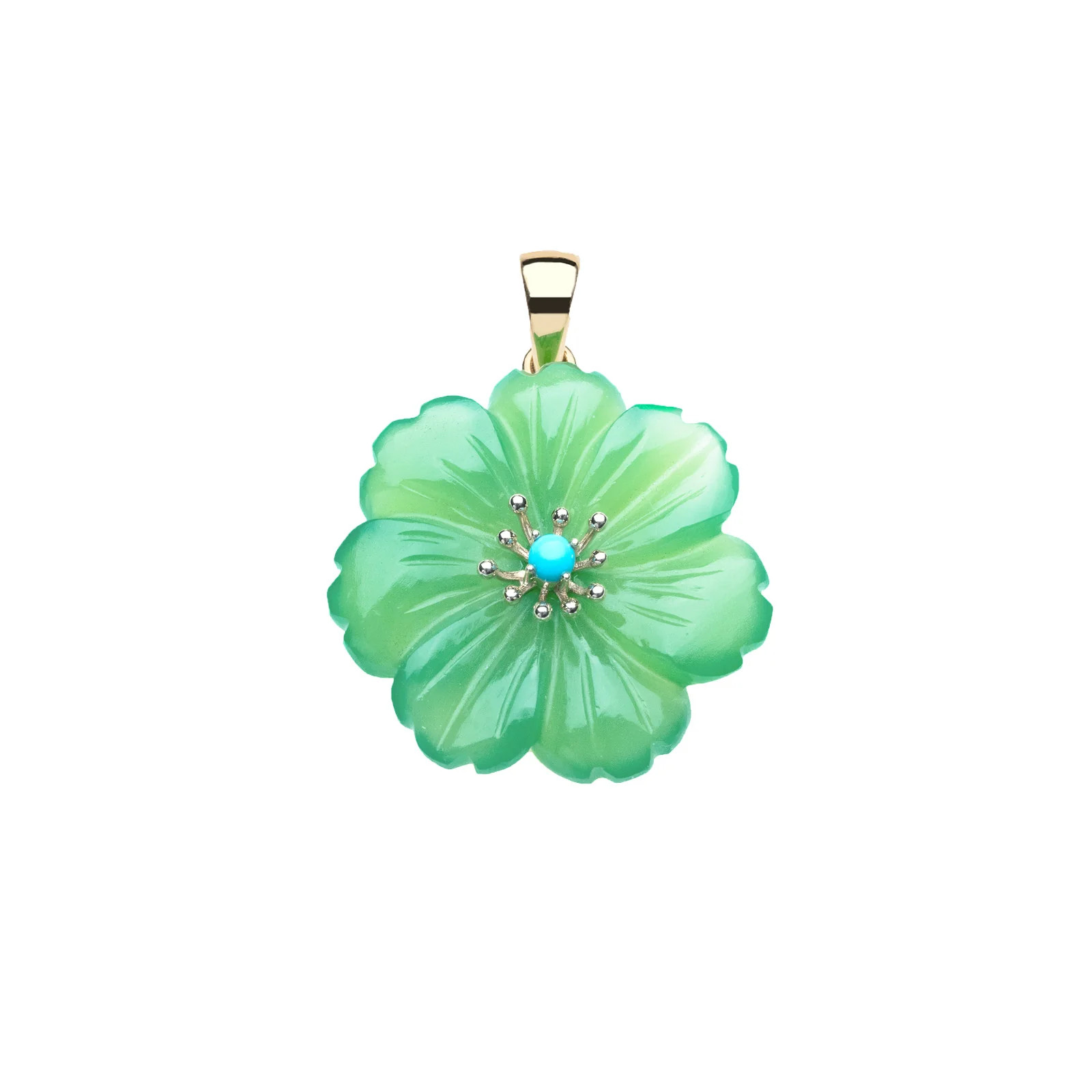 JOY Chrysoprase Carved Camellia Pendant in Solid Gold | Jane Win