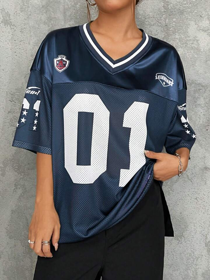 SHEIN EZwear Casual Sportief Los T-Shirt Met Kleurvlakken, Korte Mouwen, Digitale Print En Verlaagde Schouders | SHEIN