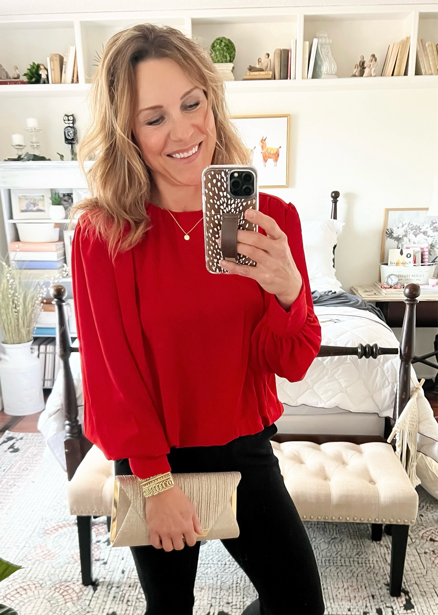 Capture the spirit of Christmas with this pretty and feminine holiday blouse! Multiple colors but I’m loving the red, fits TTS. Three working buttons on sleeves, pintucks and gathers make pretty details. Add beautiful jewelry and a sparkly handbag and you’re holiday ready! 

#LTKHoliday #LTKstyletip #LTKparties