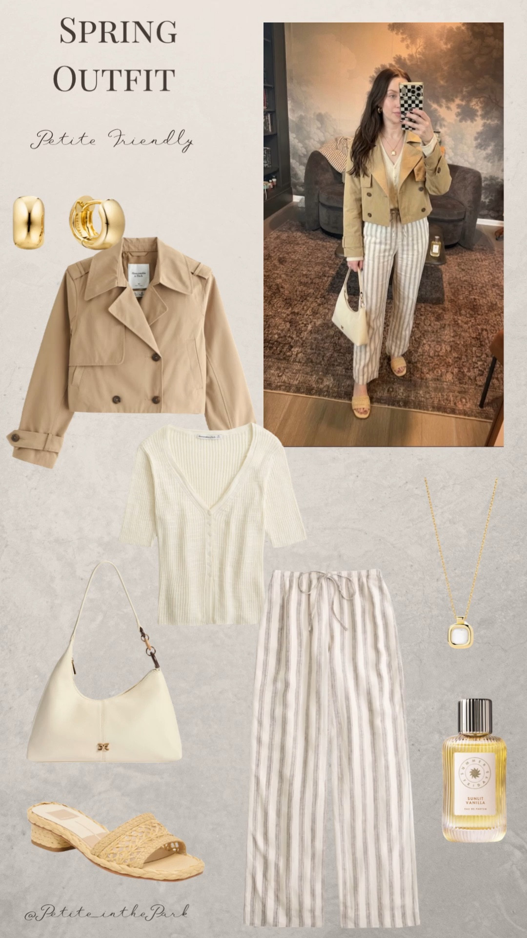 Spring petite outfit  

Spring outfit, spring trends, casual spring outfit, petite spring outfit, spring fashion, spring style, petite style, petite spring style, casual petite outfit, minimal outfit, minimal spring outfit, cropped trench coat, petite coat, tan coat, tan sweater, spring sweater, high waisted pants , petite pants, wide leg pants, striped pants, sandals, raffia sandals, tan sandals, shoulder bag, leather bag, white bag, white purse, gold earrings, gold hoop earrings, gold necklace, minimal jewelry  #casualoutfit #petiteoutifts #springoutfits #springoutfit2026 #springtrends 

#LTKPetite #LTKmomlife #LTKSeasonal