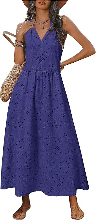 Newshows Women's 2025 Summer Maxi Dresses Halter V Neck Eyelet Hollow Out Long Flowy Beach Vacati... | Amazon (US)