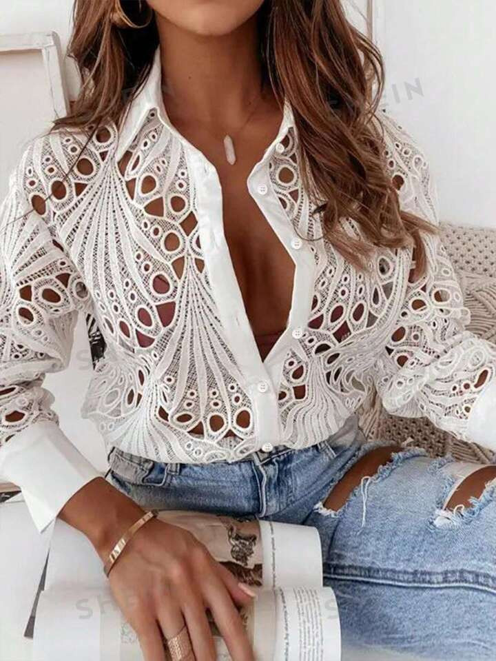 SHEIN Clasi Ladies' Solid Color Hollow Out Single-Breasted Long Sleeve Shirt | SHEIN USA | SHEIN