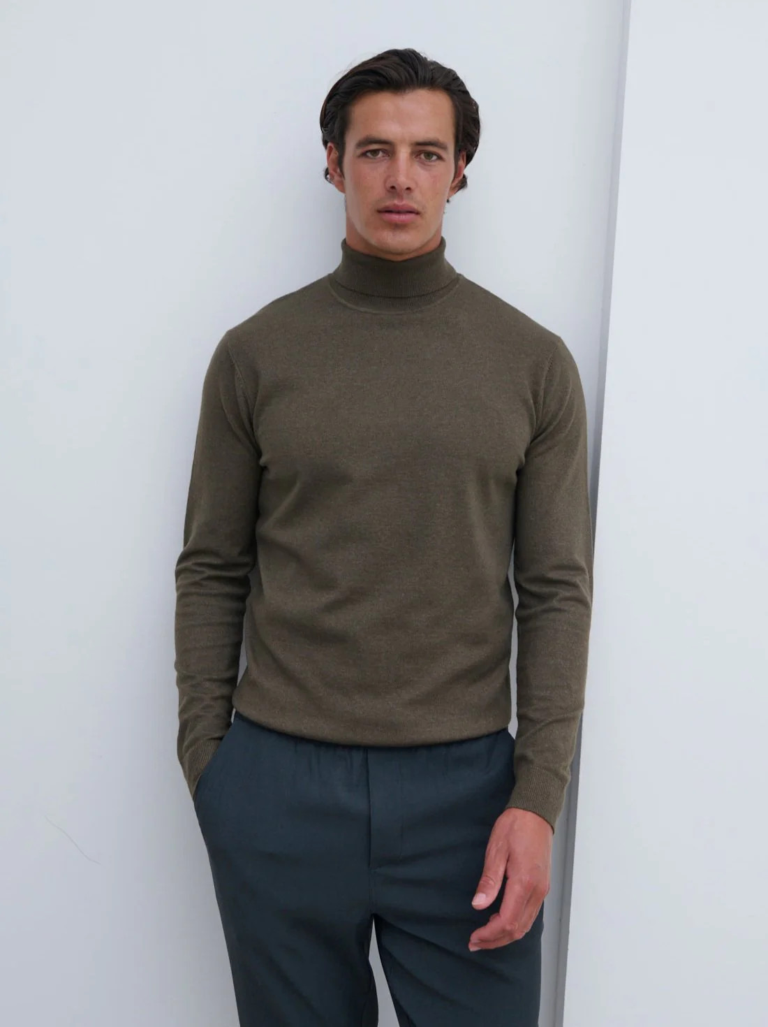 Bennett Light Knit Roll Neck Jumper - Dark Olive | NOBL