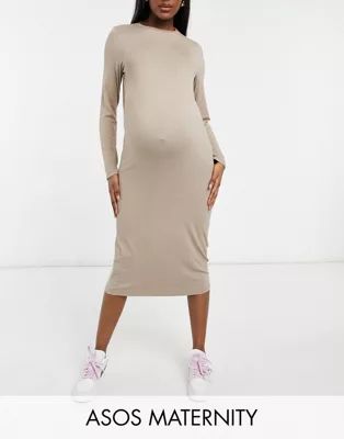 ASOS DESIGN Maternity long sleeve t-shirt midi dress in taupe | ASOS (Global)