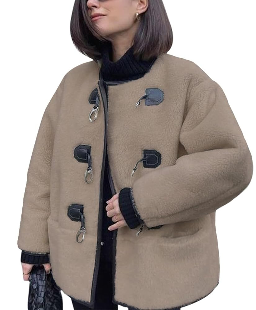 yoeasy Women's Collarless Button Down Sherpa Fleece Jacket Loose Long Sleeve Outwear Coat With Po... | Amazon (US)
