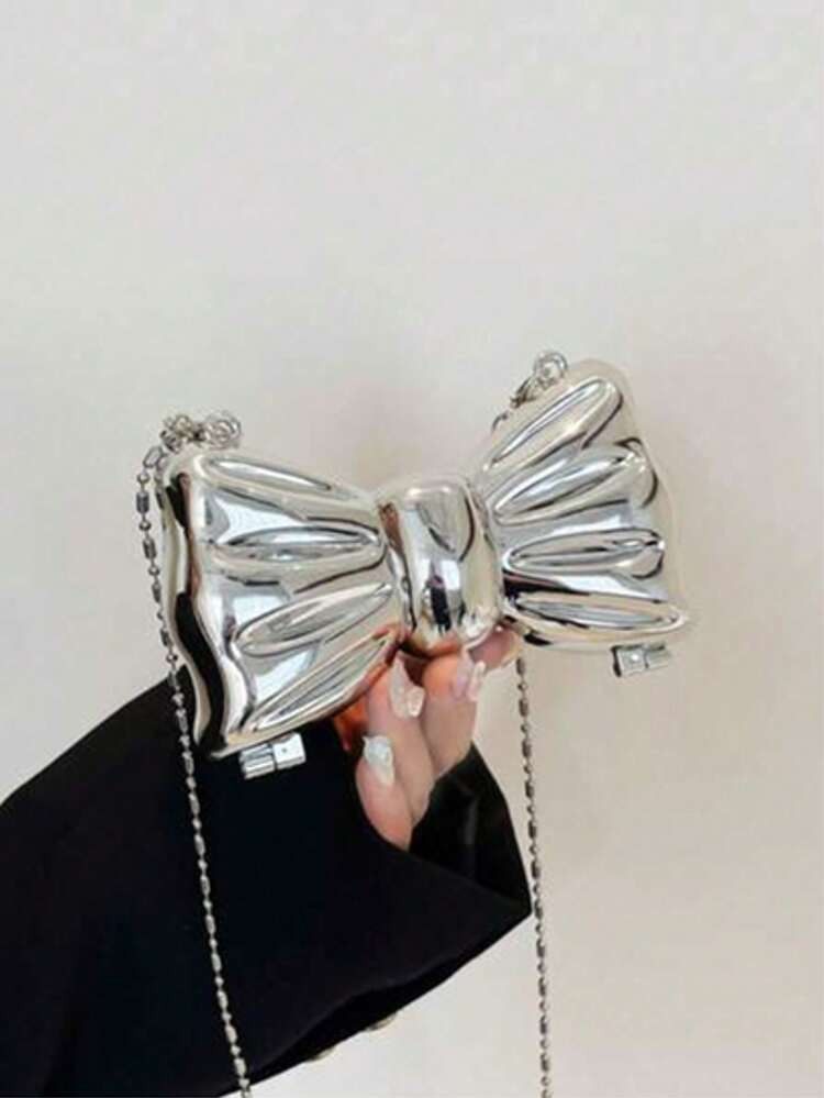 Mini Bowknot Mini Evening Bag, Small Personalized Fashion Chain Lipstick Bag For Women, Suitable For Valentine's Day, Party, Date, Decorative Shoulder Crossbody Bag, Coin Purse, Silver, Gold Earphone Case | SHEIN