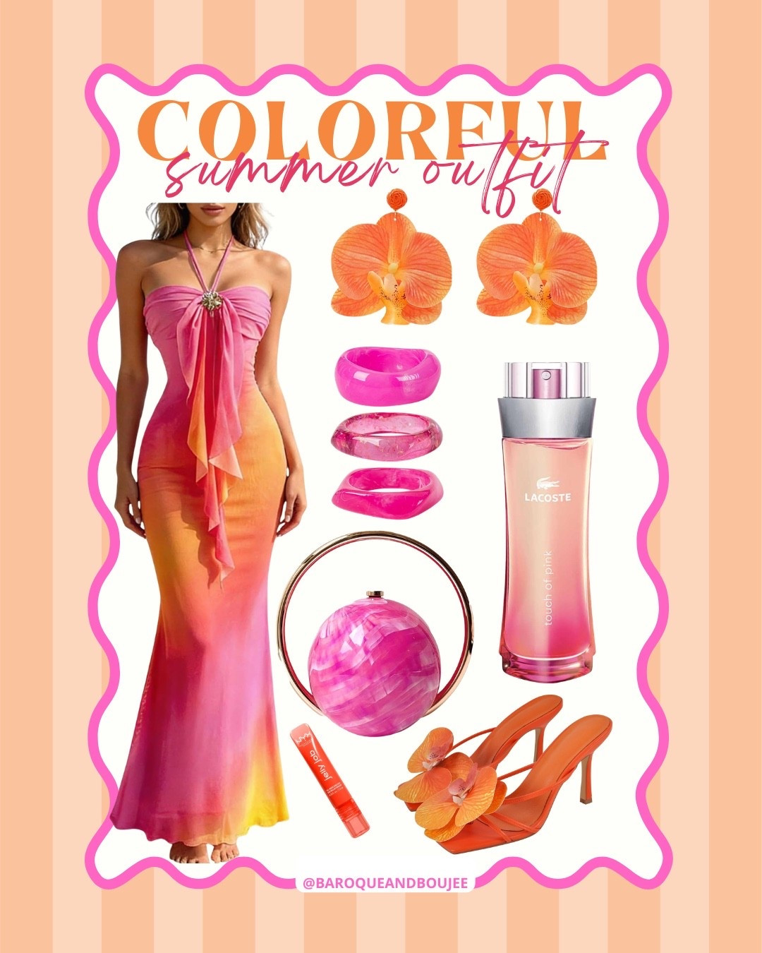 Colorful Summer Outfit Inspo with a touch of orchid embellishments for a tropical feel including an ombre maxi halter dress, orchid earrings, chunky brackets, a round lucite top handle statement bag, the juiciest of all lip glosses, orchid embellished strappy heels and a fresh fragrance.

This affordable look is perfect as a vacation outfit, wedding guest outfit, cruise outfit, brunch outfit, girls night out and especially a date night outfit

#LTKSaleAlert #LTKWedding #LTKootd