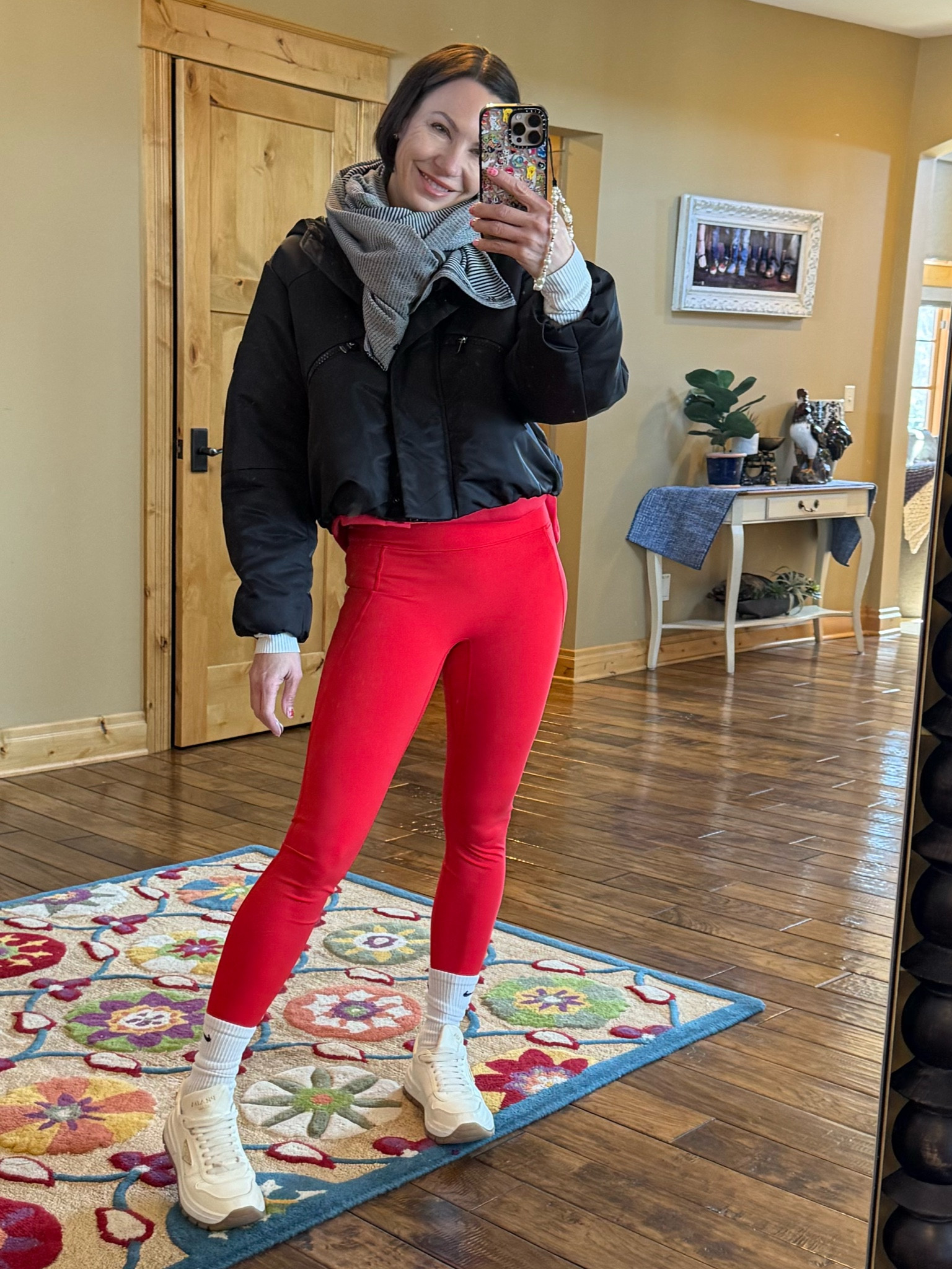 Outfit inspo- all red matching set from Nike. Short puffer jacket, striped scarf, Prada sneakers and Nike socks 

Winter outfit, casual outfit, fitness 

#LTKStyleTip #LTKActive #LTKSeasonal