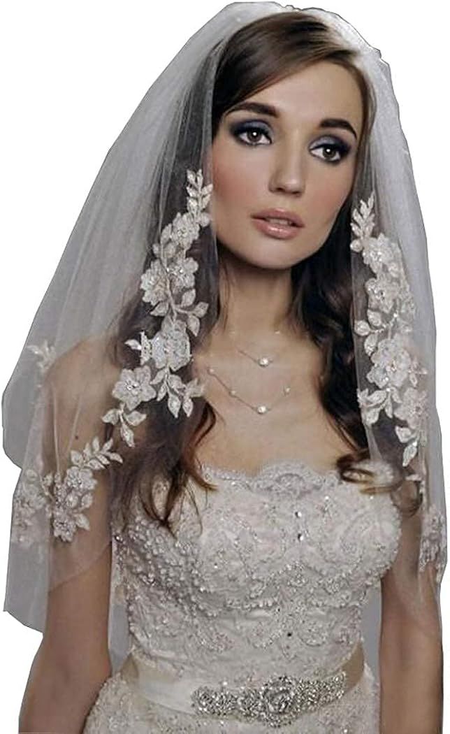 Yovic 2 Tiers Bride Wedding Veil Waist Veil Short Lace Edge Veil with Comb Bridal Tulle Hair Acce... | Amazon (US)
