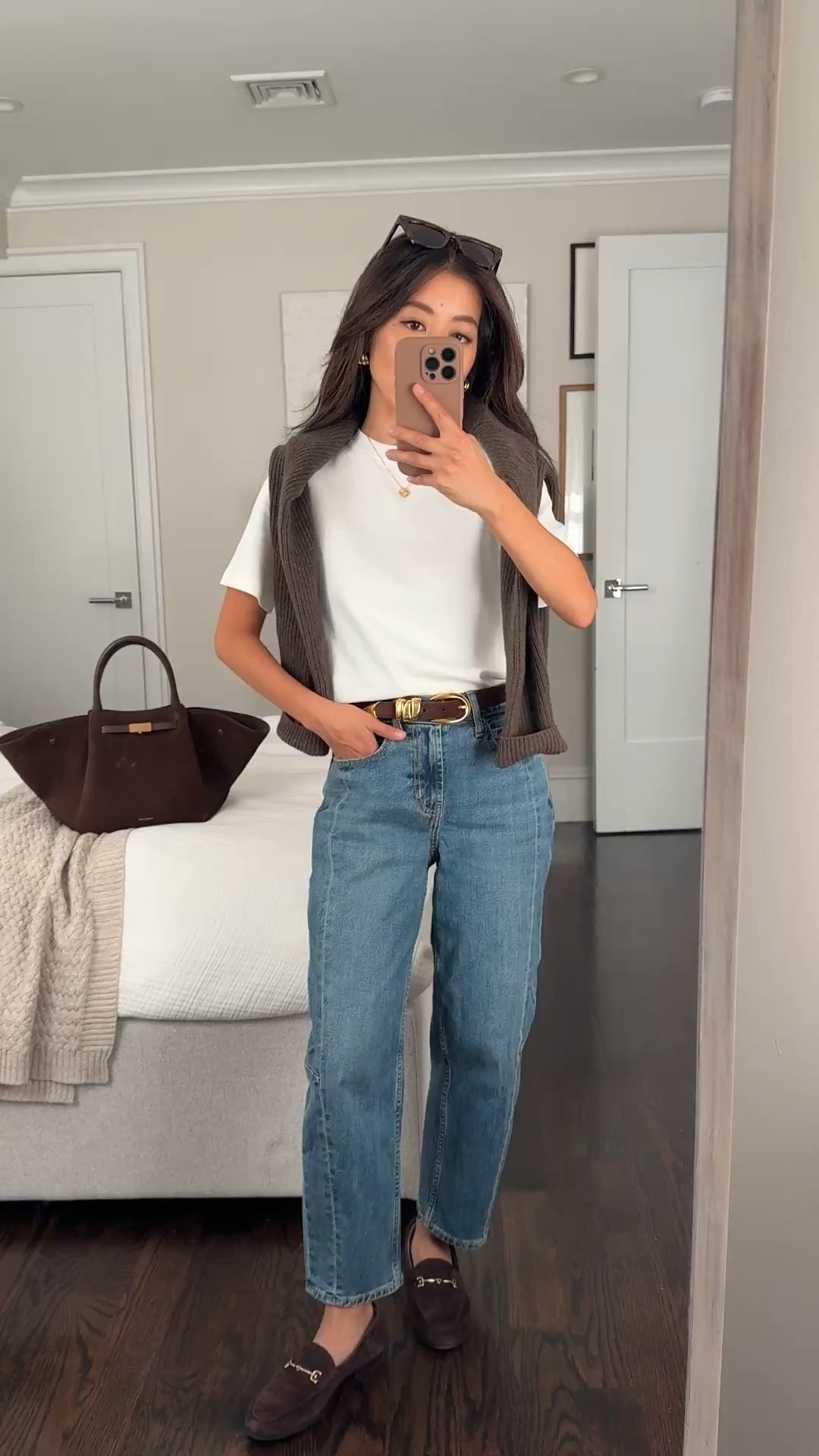 Jeans on sale for ~$30! Linked some other items from their sale under similar 

• Old Navy barrel ankle jeans 0 petite, looser fit at my waist, but TTS, actually short enough ankle length for me, very good for the price and on major sale!

• aritzia brown trench 2XS sleeves are long on me so I wear pushed up

• Aritzia white cotton tee 2XS, slightly boxier structured shape yet is super soft and not sheer. Shrinks a tad in the wash.

• Quince Mongolian cashmere fisherman crewneck sweater xs

• Sam Edelman Loraine loafer 5.5 (love and have in several colors!

• Madewell triple metal keeper belt xxs

• DeMellier suede midi New York bag

Petite fall style, casual mom style, easy autumn outfit

#ltkfindsunder50 #ltkpetite #ltkseasonal